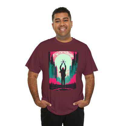 Man wearing maroon Last Hands Raised tee with hands in pockets.