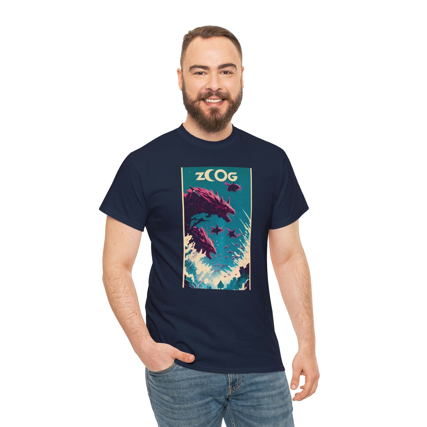 Man wearing navy Wolf Wyrm tee with hand in right pocket.