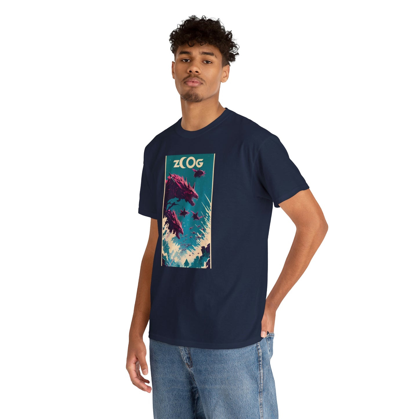 Man wearing navy Wolf Wyrm tee with hand in back pocket.