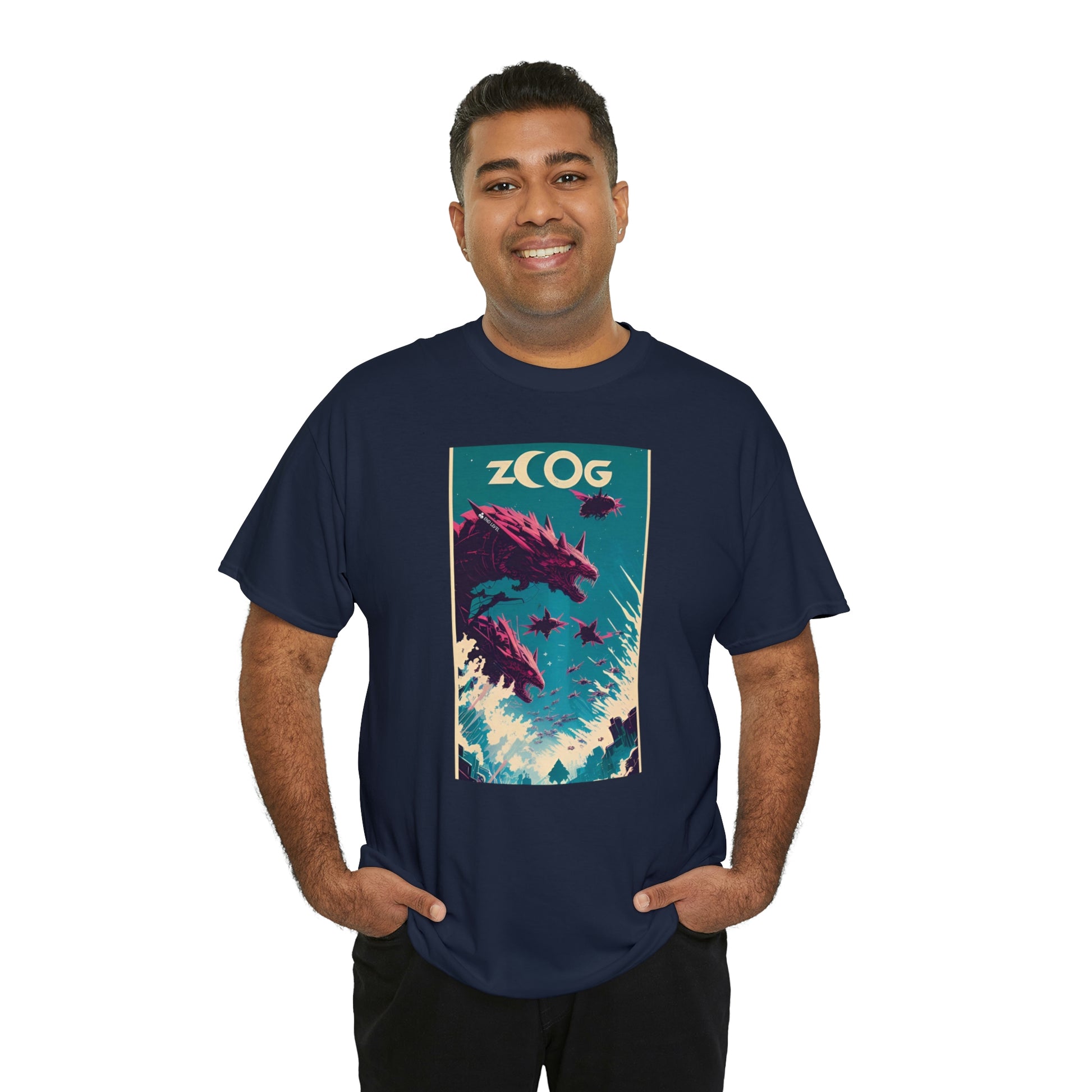 Man wearing navy Wolf Wyrm tee with hands in pockets.