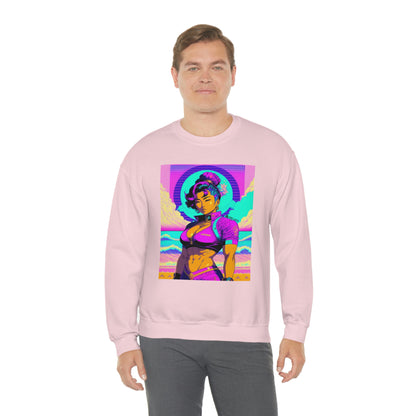 Man wearing pink Lady Lotus sweatshirt with grey pants.