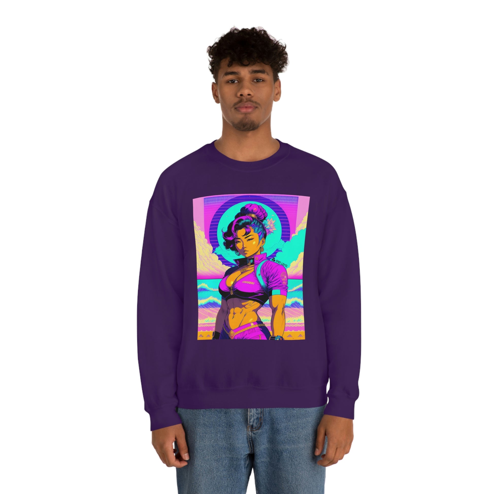 Man wearing purple Lady Lotus sweatshirt with blue jeans.