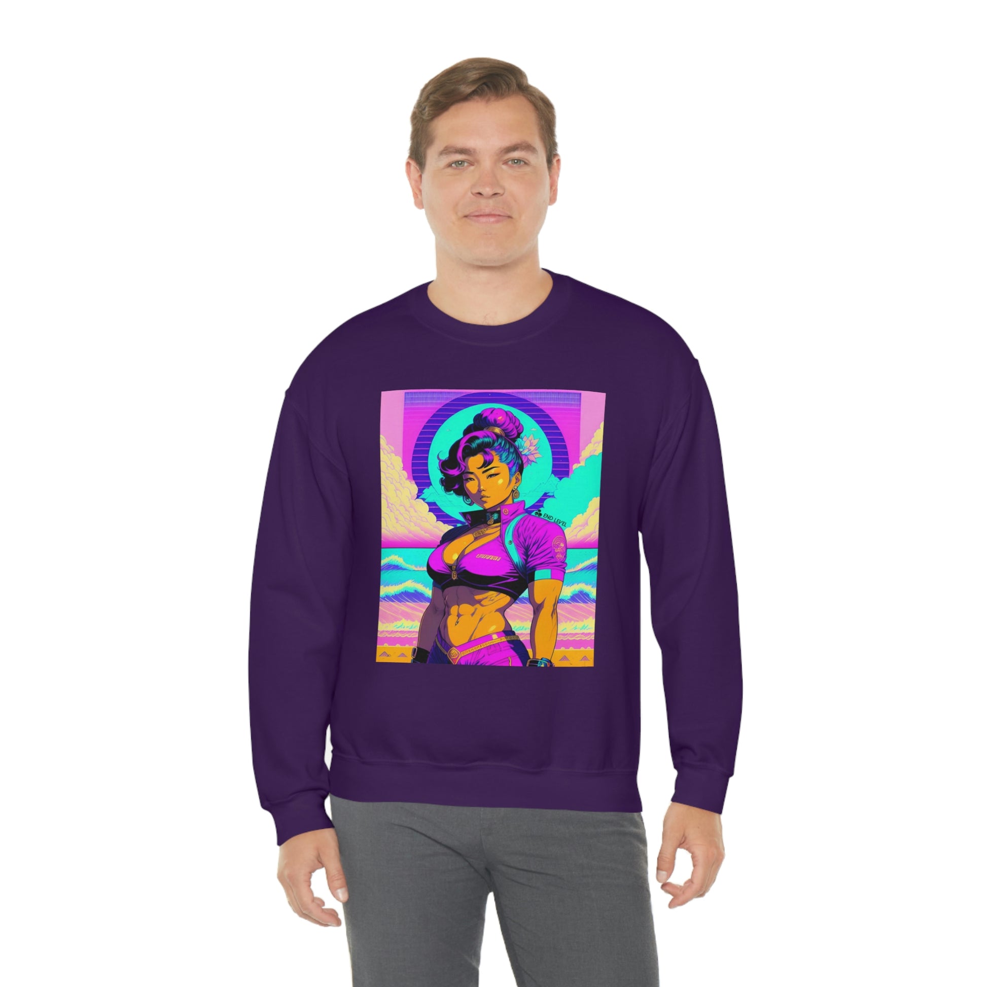 Man wearing purple Lady Lotus sweatshirt with grey pants.