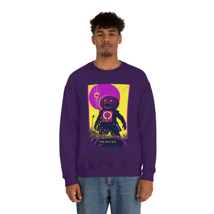 Man wearing purple The Mator sweatshirt with blue jeans.