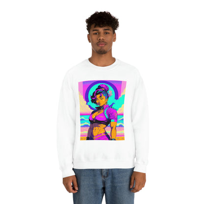 Man wearing white Lady Lotus sweatshirt with blue jeans.