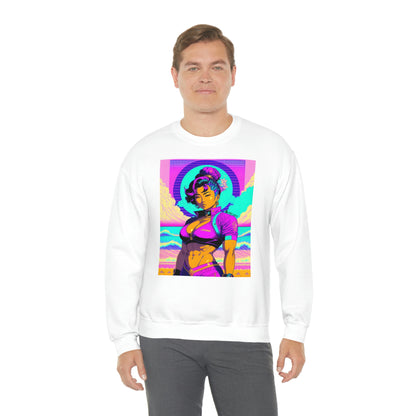 Man wearing white Lady Lotus sweatshirt with grey pants.