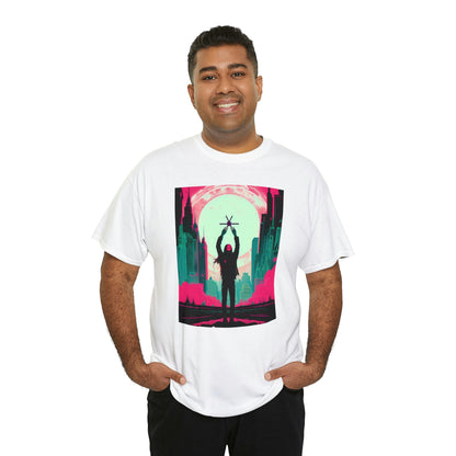 Man wearing white Last Hands Raised tee with hands in pockets.