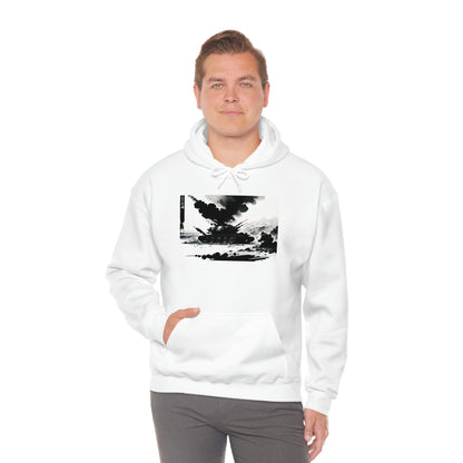 Man wearing white Smoke hoodie with hand in right pouch.