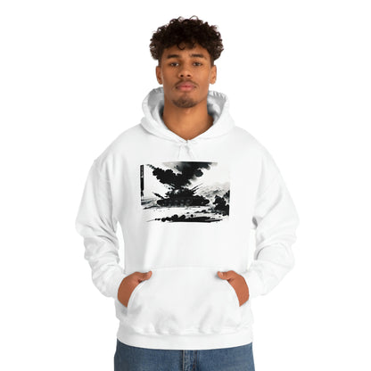 Man wearing white Smoke hoodie with both hands in pouch pocket.