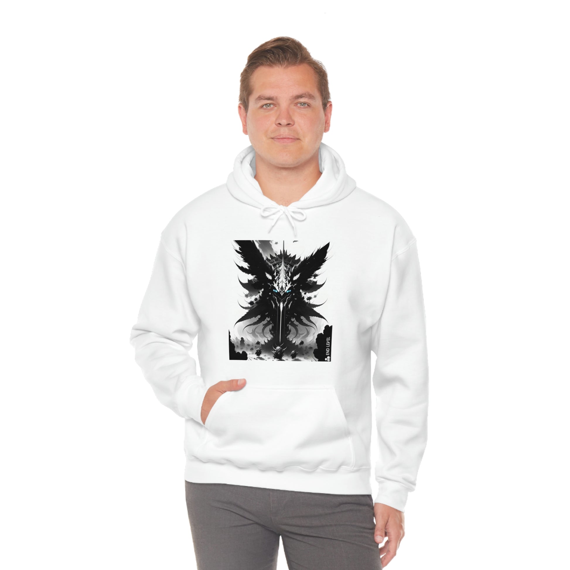 Man wearing white Swarm hoodie with hand in right pouch.