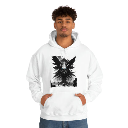 Man wearing white Swarm hoodie with both hands in pouch pocket.