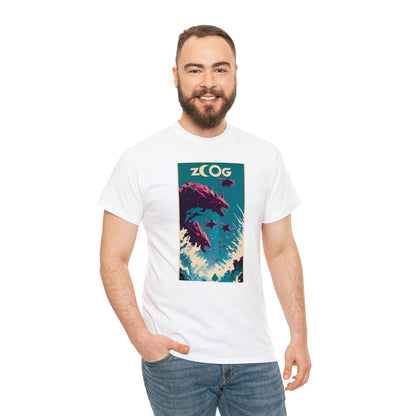 Man wearing white Wolf Wyrm tee with hand in right pocket.