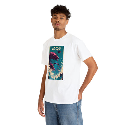 Man wearing white Wolf Wyrm tee with hand in back pocket.