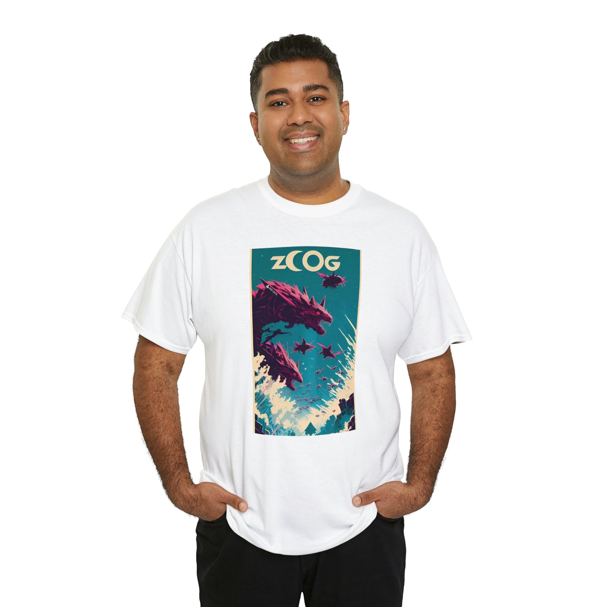 Man wearing white Wolf Wyrm tee with hands in pockets.