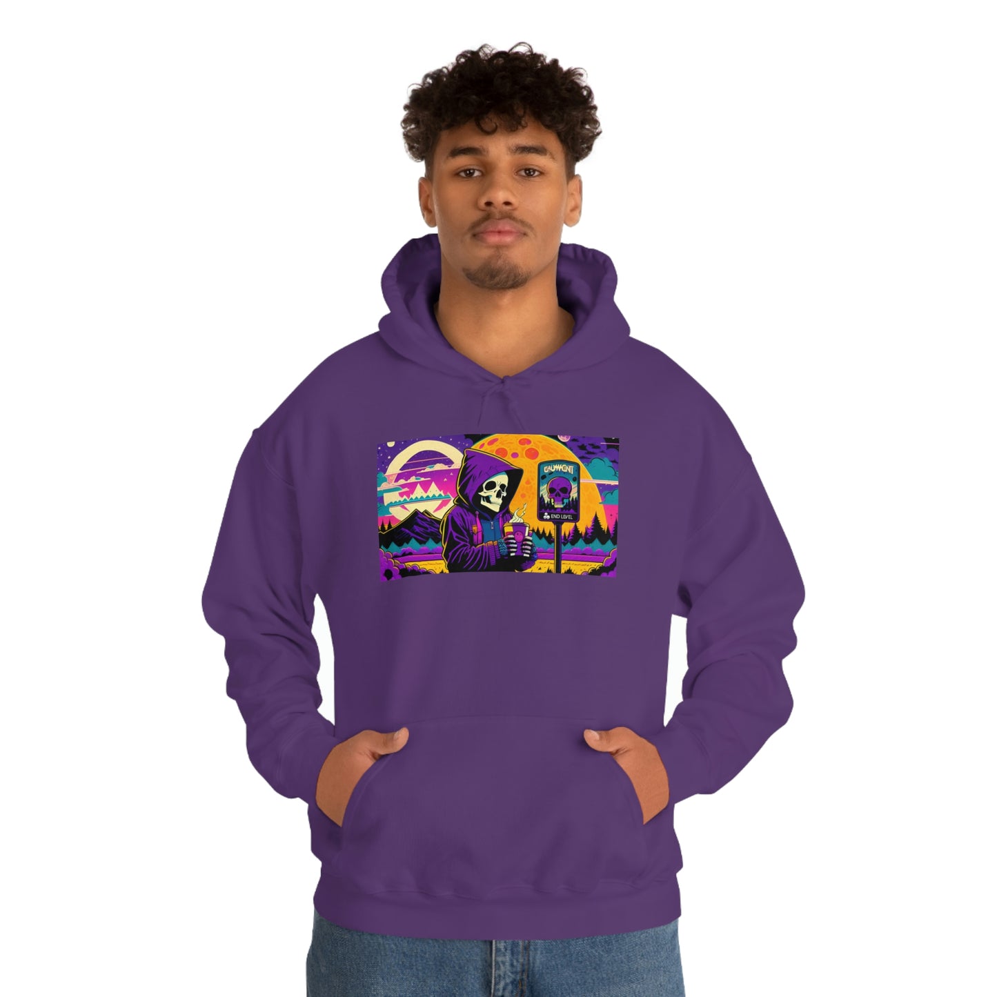 Man with hands in purple frostbite hoodie pouch.