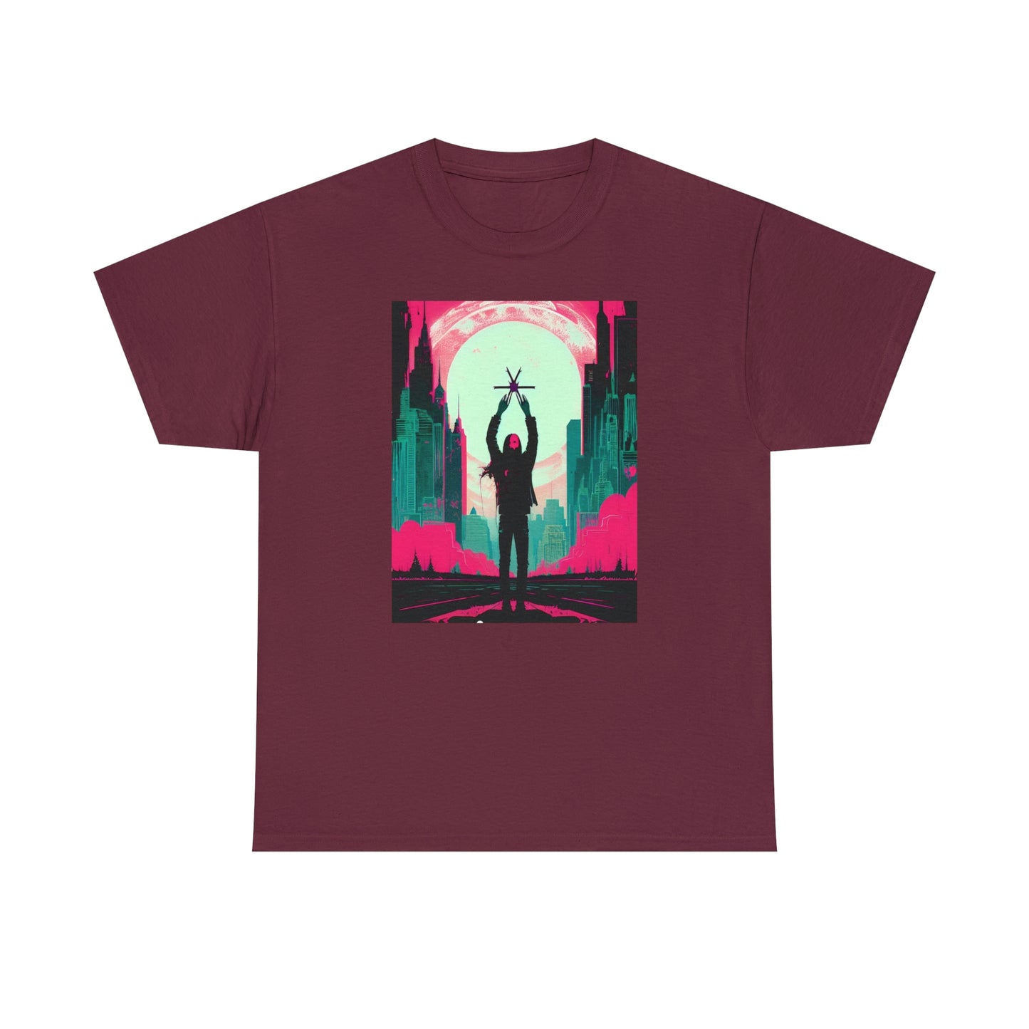 Maroon tee with Last Hands Raised design.