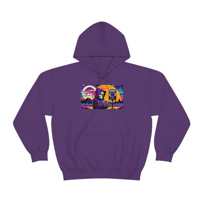 Purple hoodie with death and coffee design.