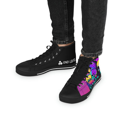 Person wearing Skelly Jacks design canvas sneakers with black laces.