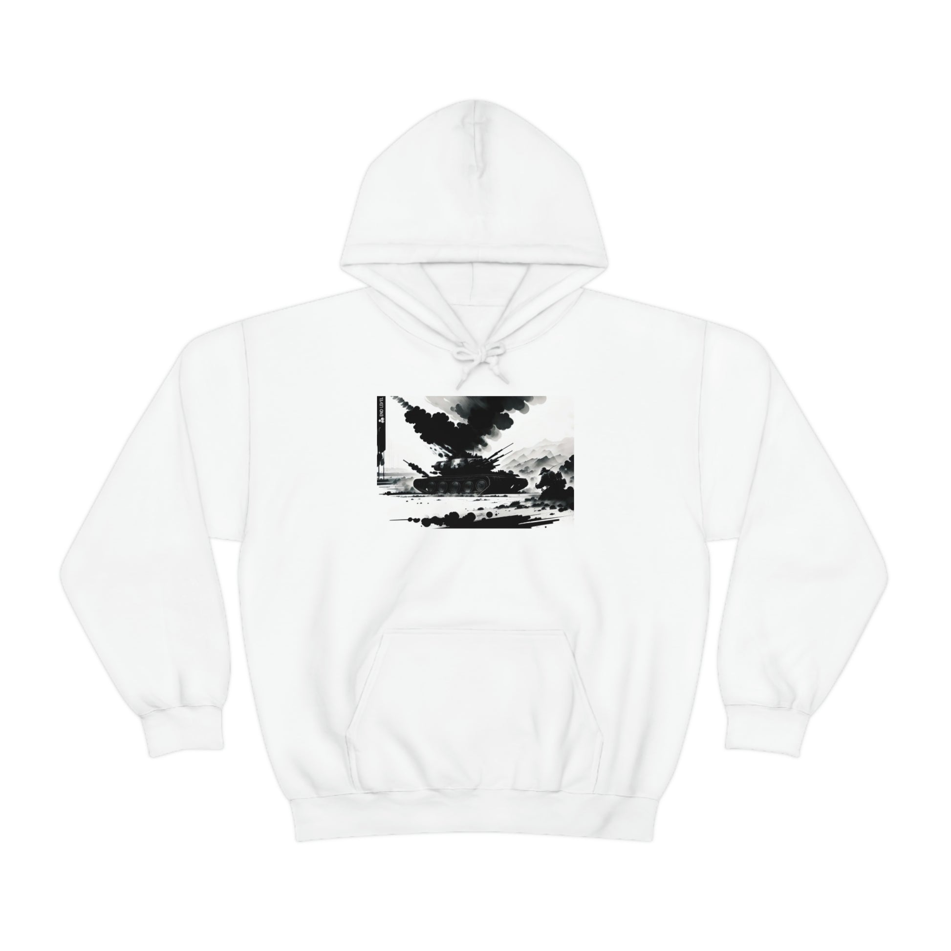 White hoodie with Smoke graphic design.