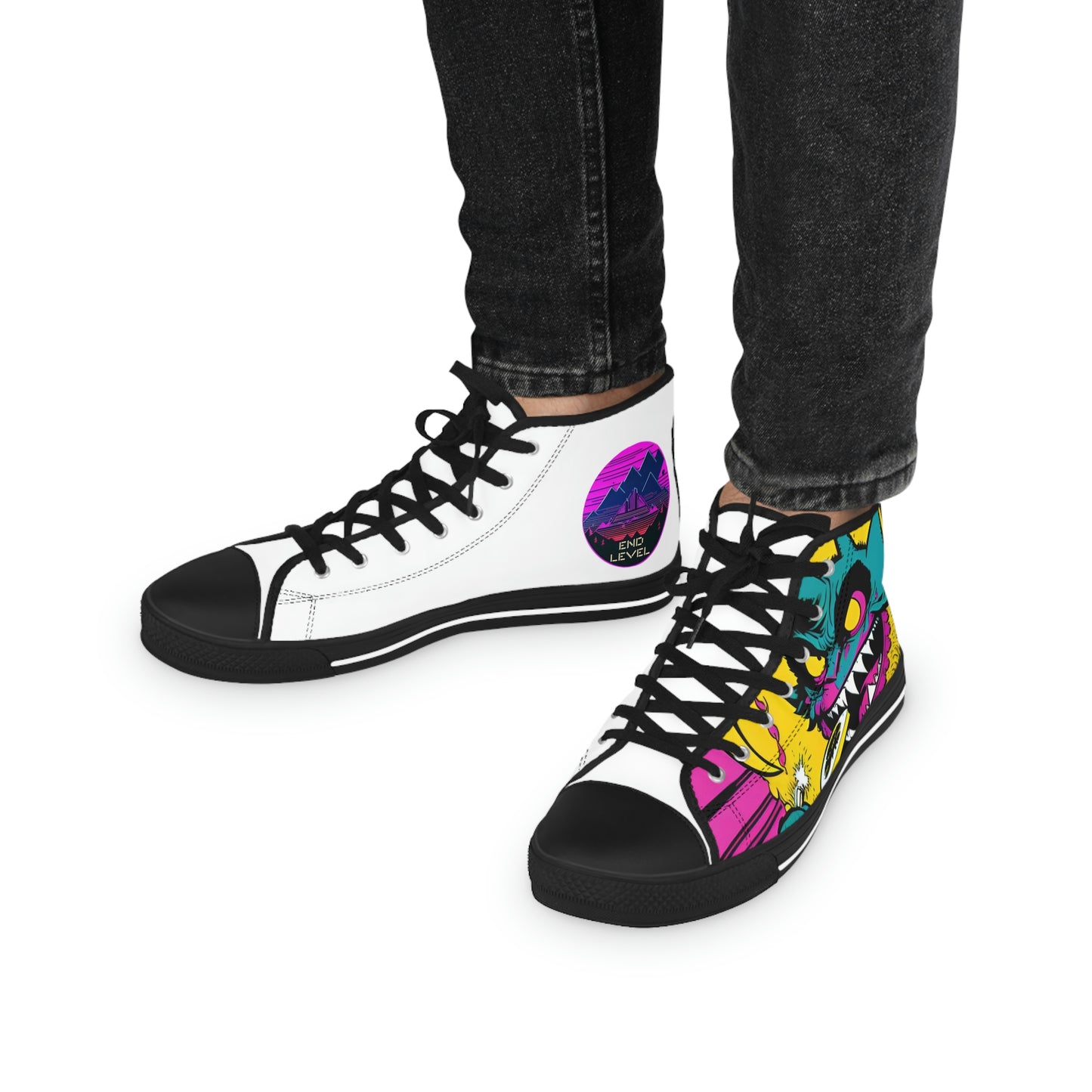Sweet and Sour design canvas sneakers with black laces on a person.