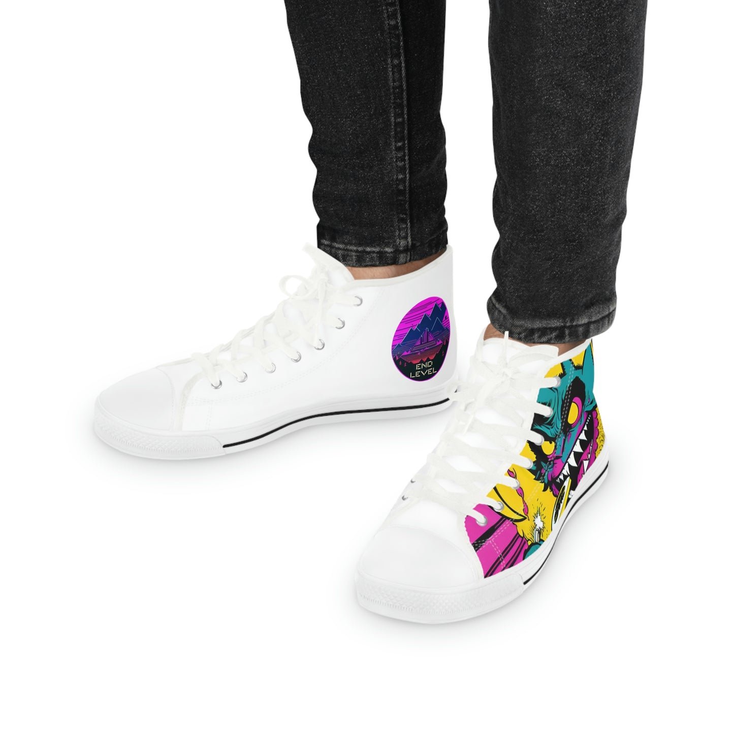 Sweet and Sour design canvas sneakers with white laces on a person.
