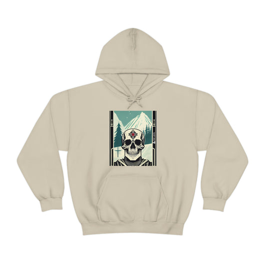 Tan hoodie with frostbite design.