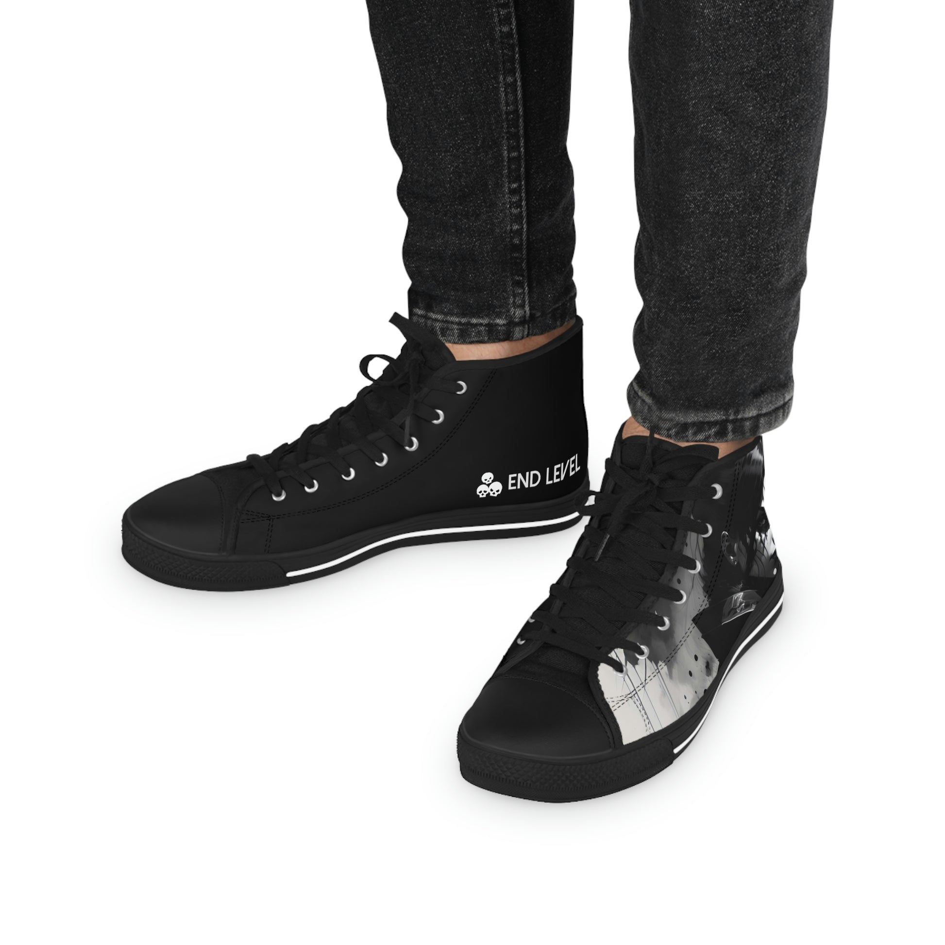 Person wearing Vamp Sneaks design canvas sneakers with black laces.