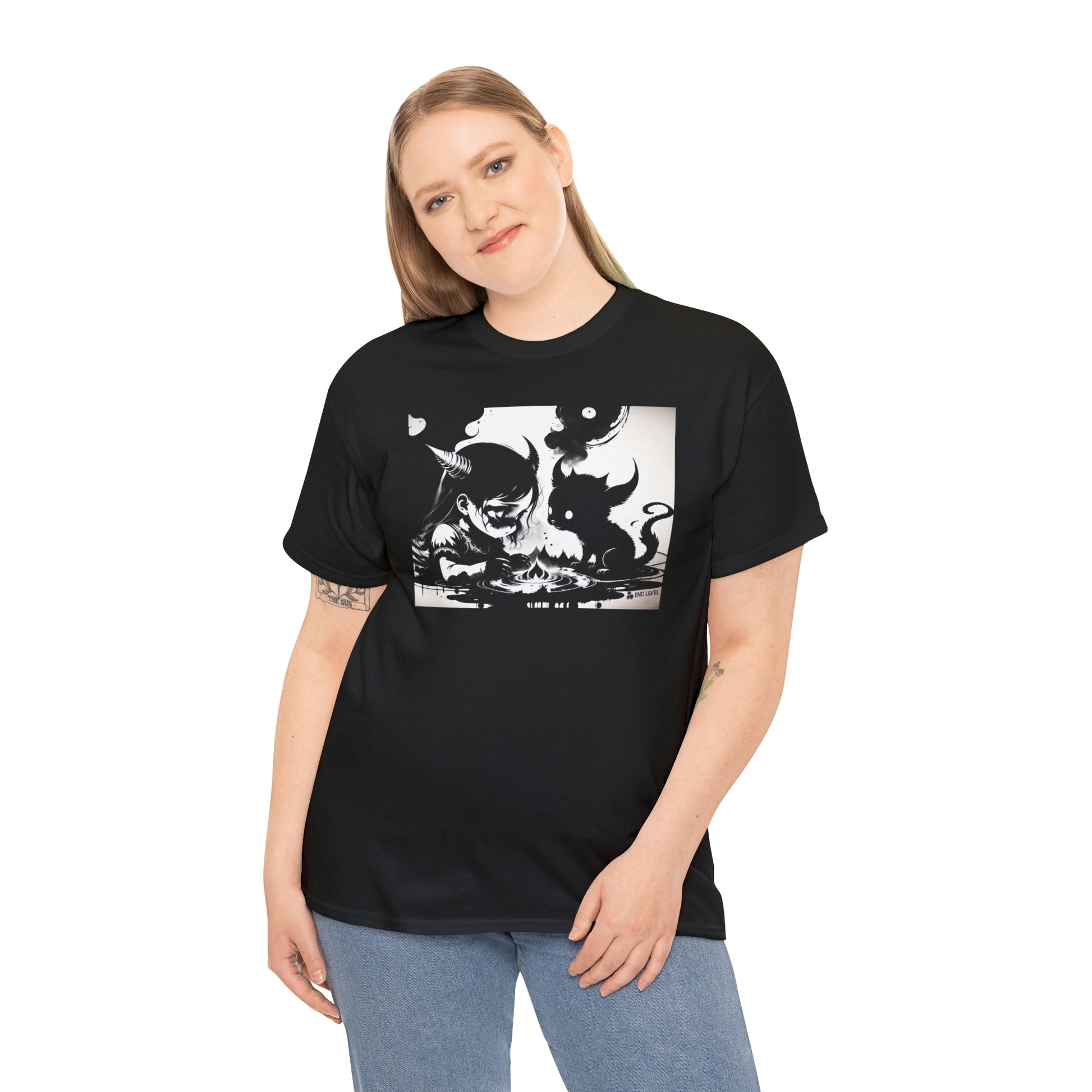 Woman wearing Best Friends black tee with hand on right side.