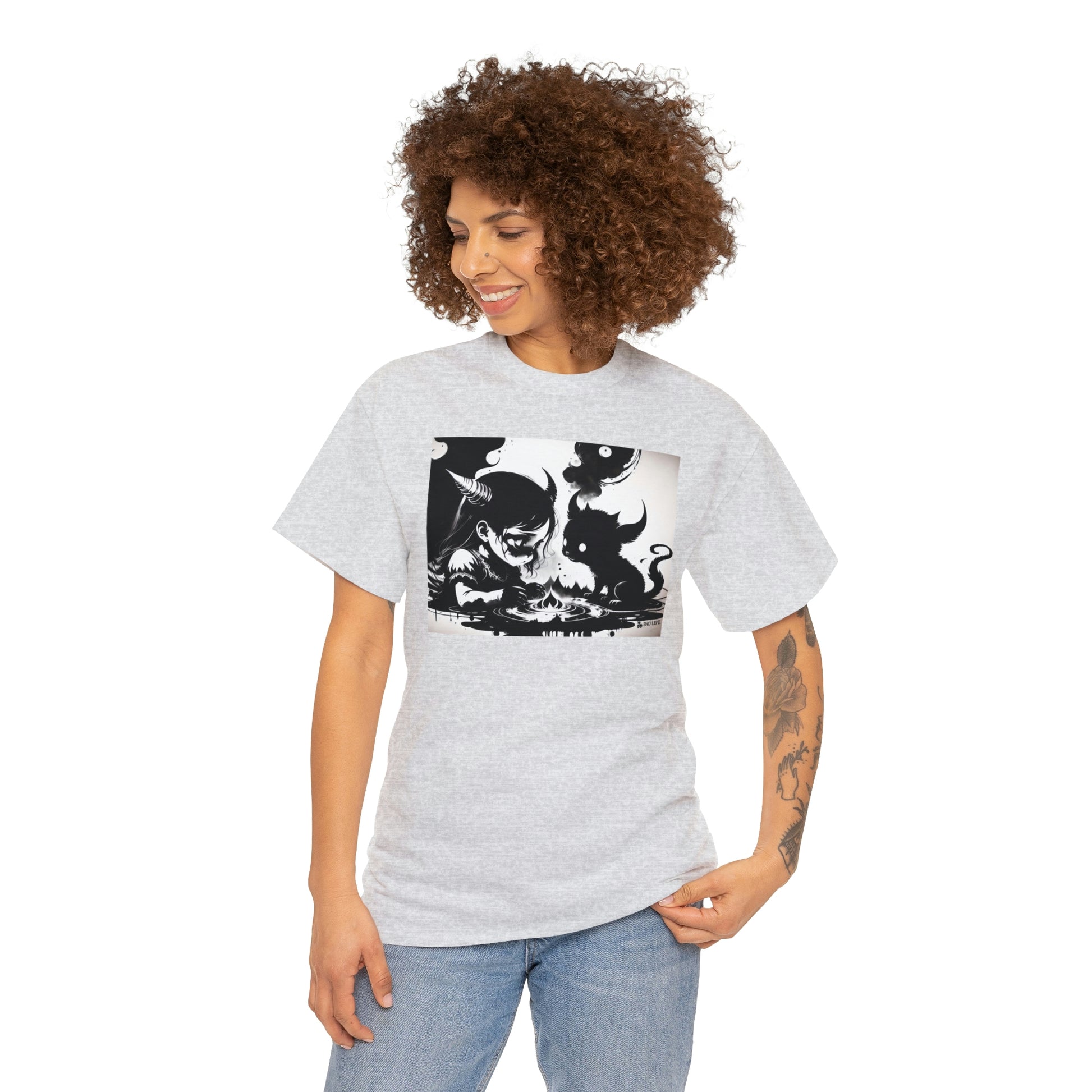 Woman wearing Best Friends heather tee looking to the right with hand on left hip.