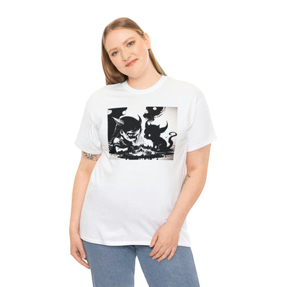 Woman wearing Best Friends white tee with hand on right side.