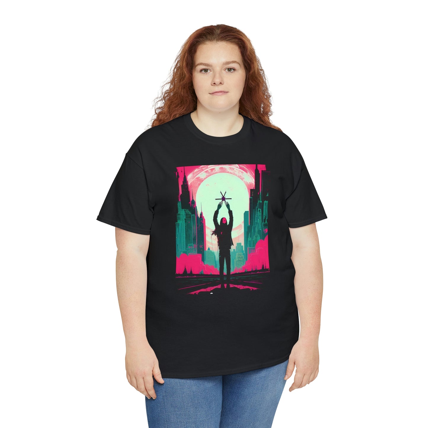 Woman wearing black Last Hands Raised tee with red hair.