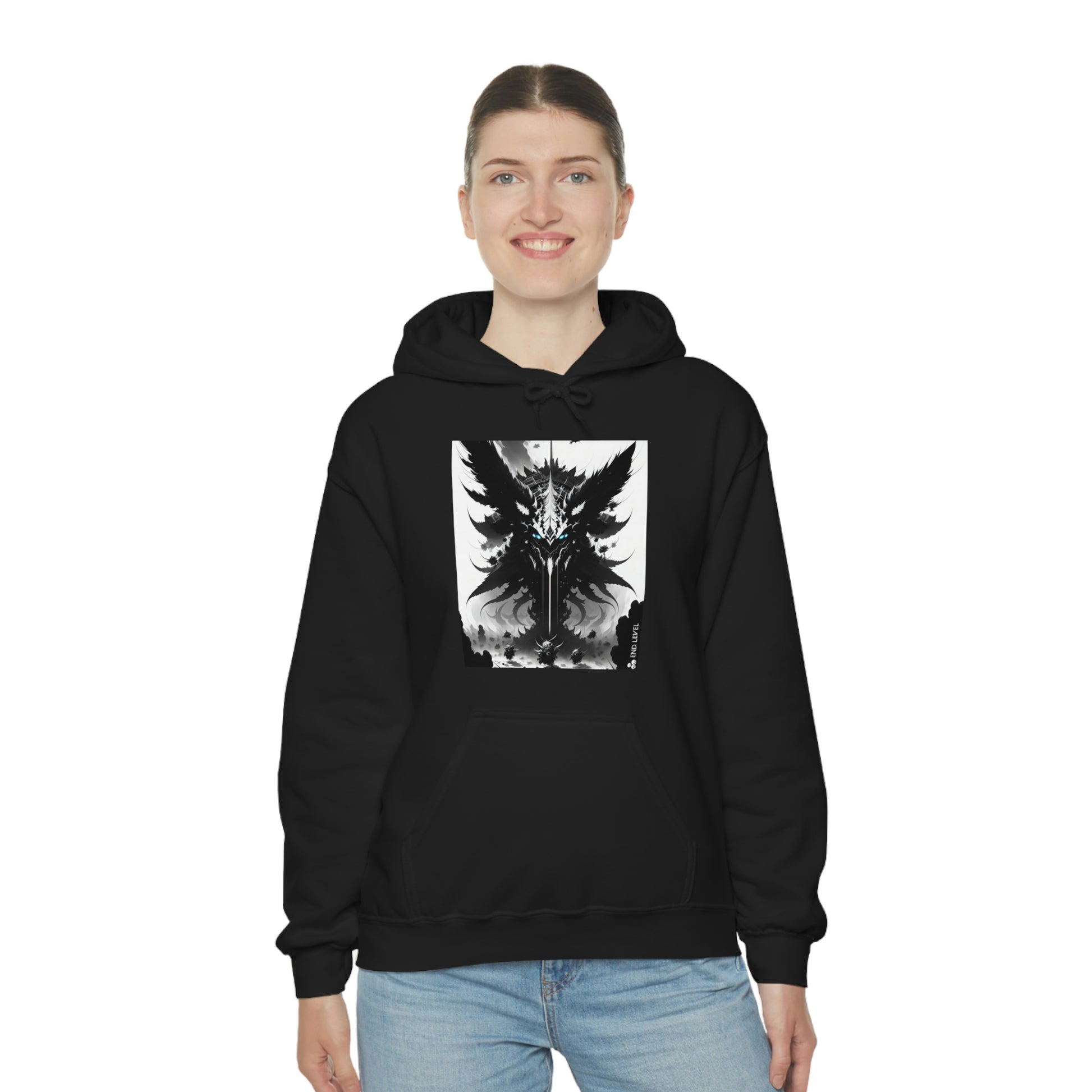 Woman wearing black Swarm hoodie with hands on hips.