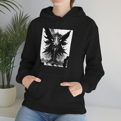 Woman sitting beside plant wearing black Swarm hoodie.