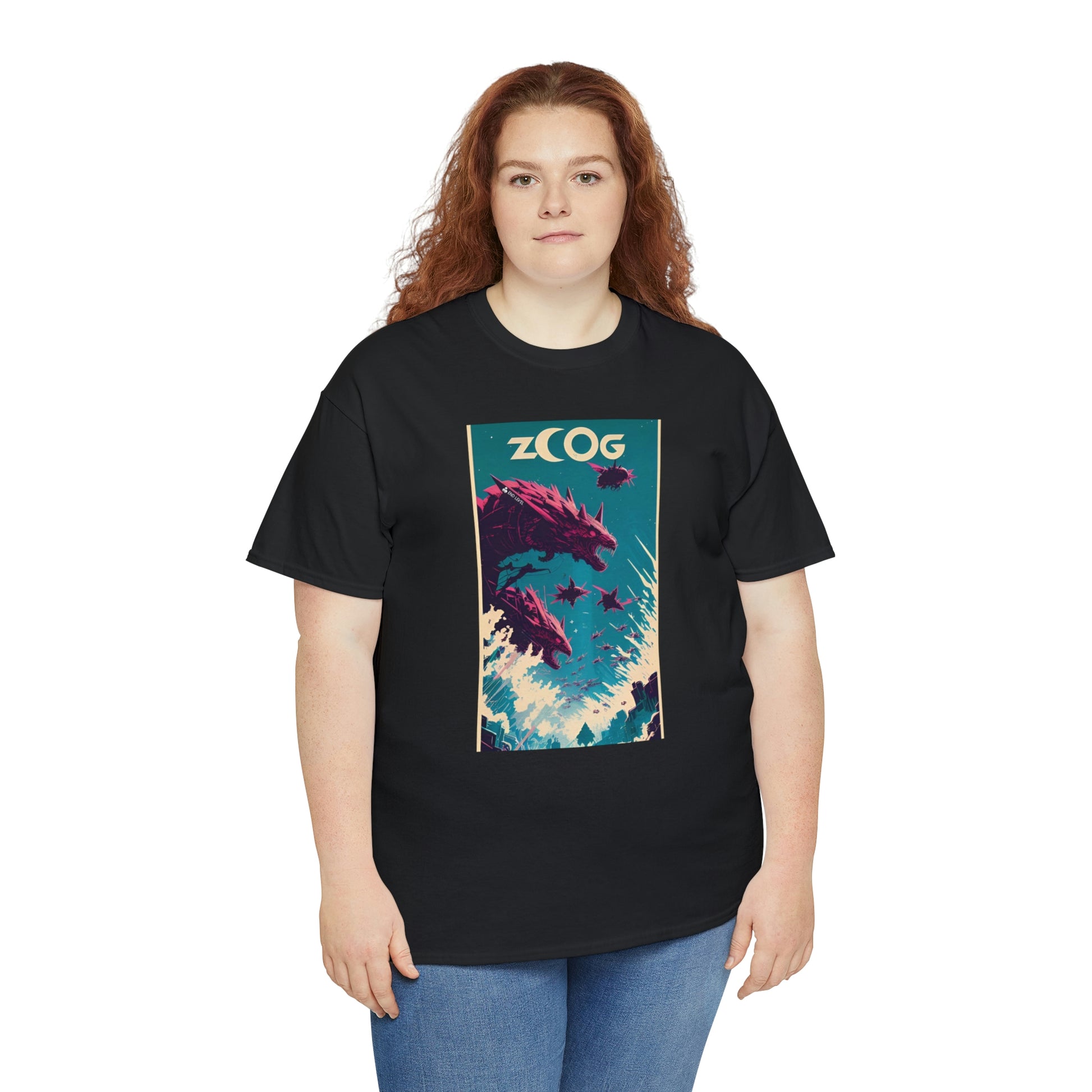 Woman wearing black Wolf Wyrm tee with red hair.