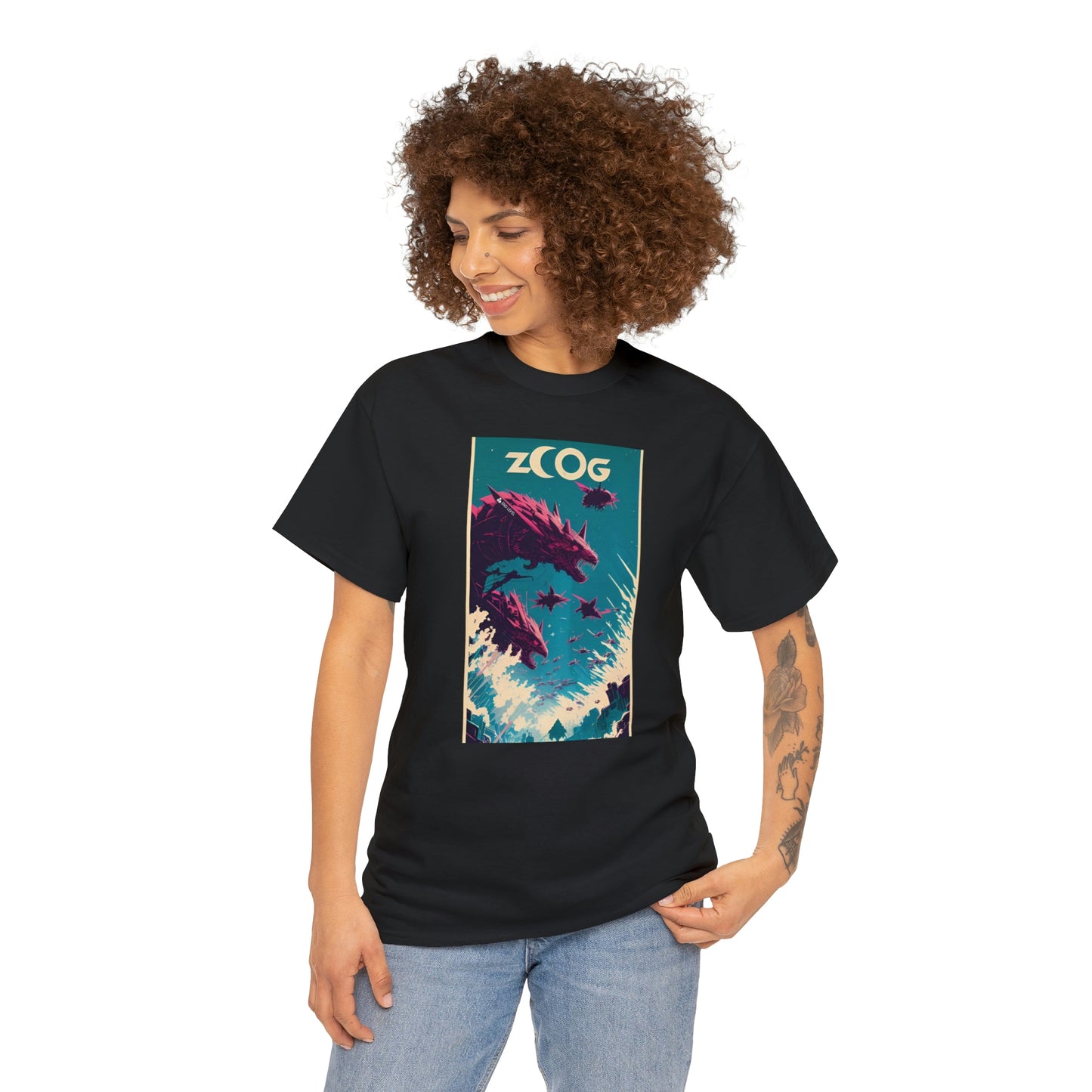 Woman wearing black Wolf Wyrm tee looking right with hand on left hip.