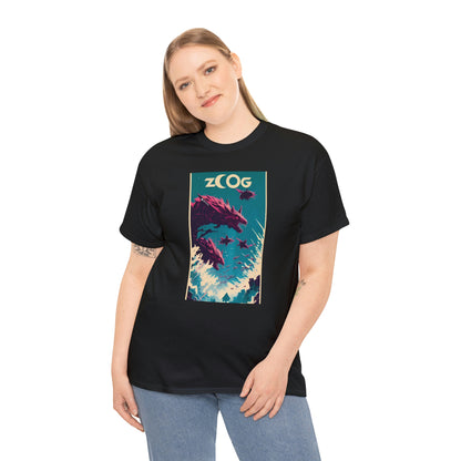 Woman wearing black Wolf Wyrm tee with hand on right side.