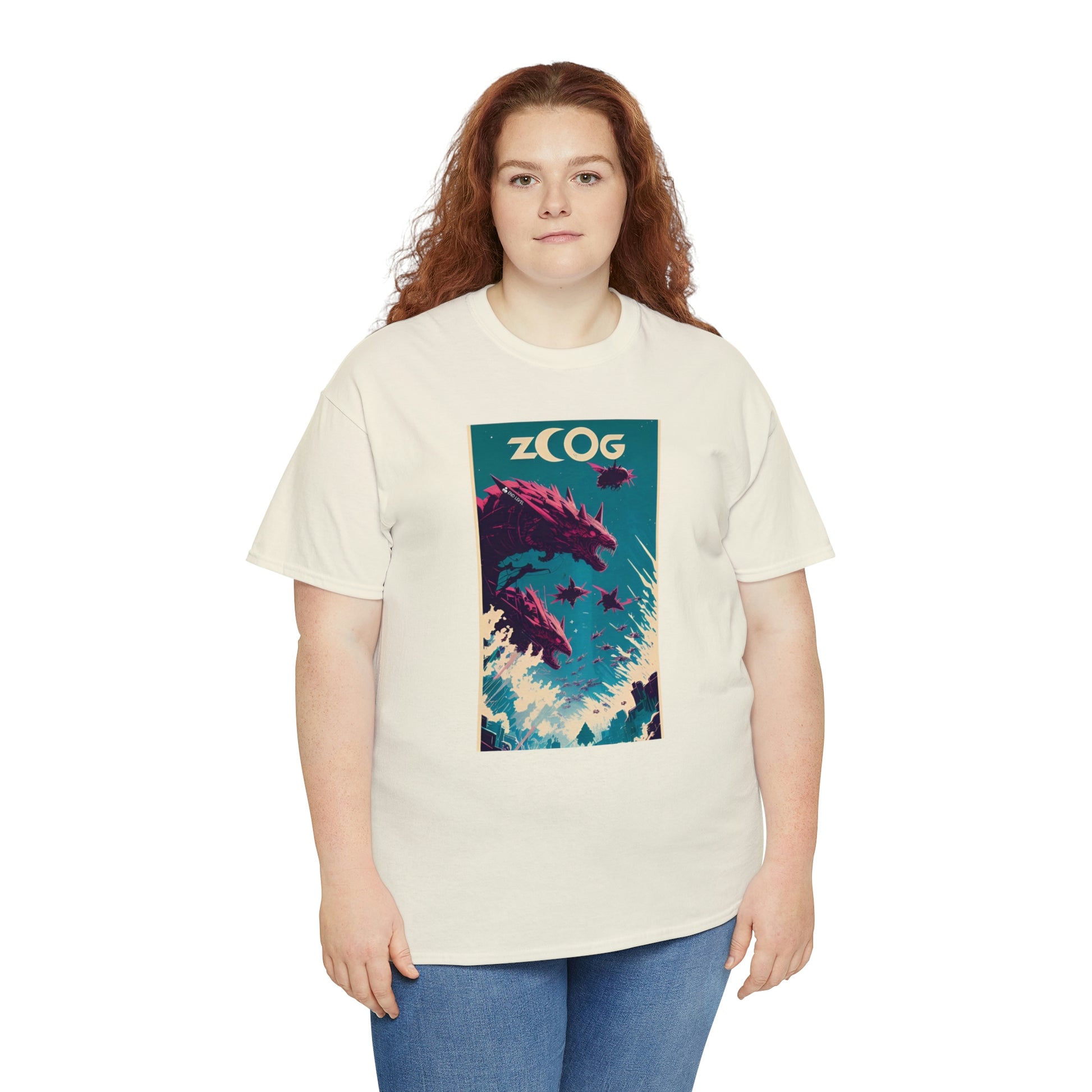 Woman wearing cream Wolf Wyrm tee with red hair.