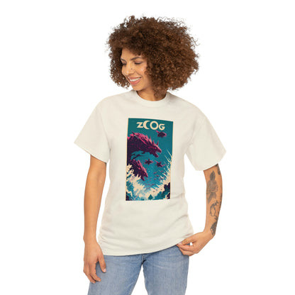 Woman wearing cream Wolf Wyrm tee looking right with hand on left hip.