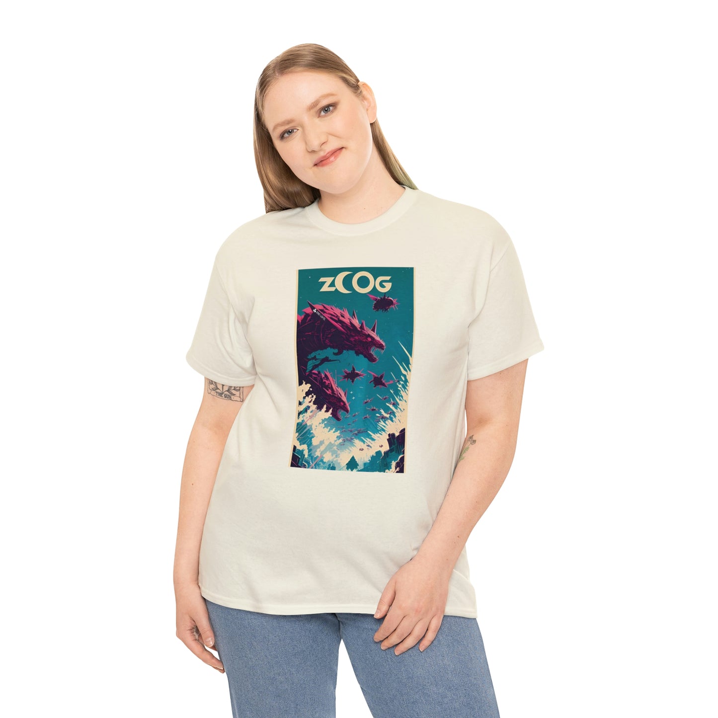 Woman wearing cream Wolf Wyrm tee with hand on right side.