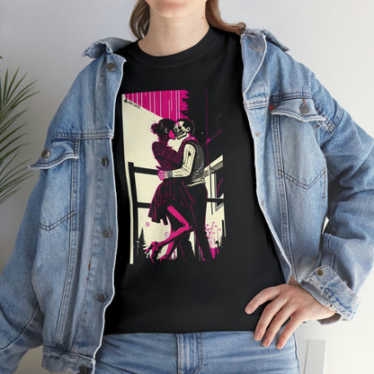 Woman wearing Deadly Romance design black tee with hand on hip.