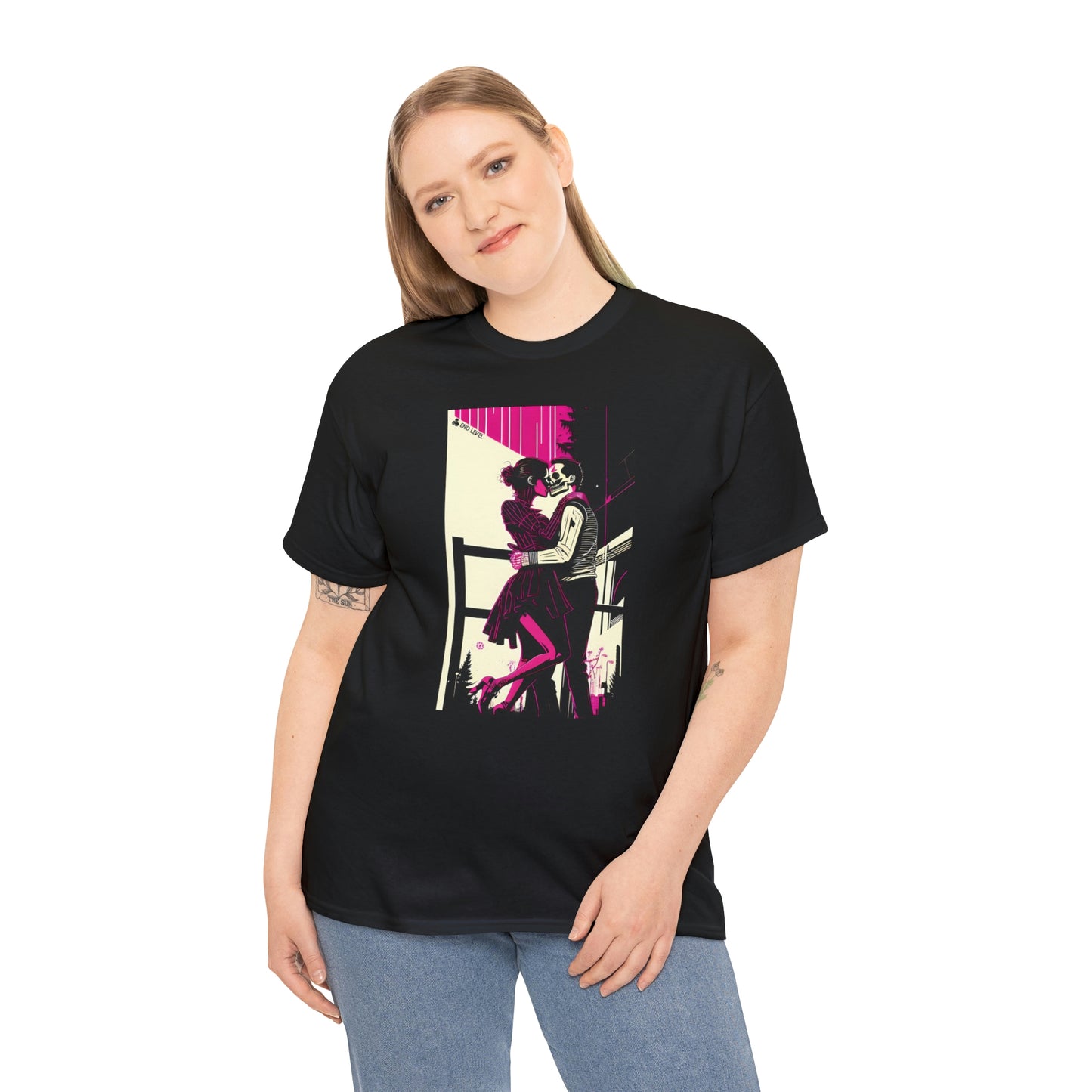 Woman wearing Deadly Romance black tee with hand on right side.