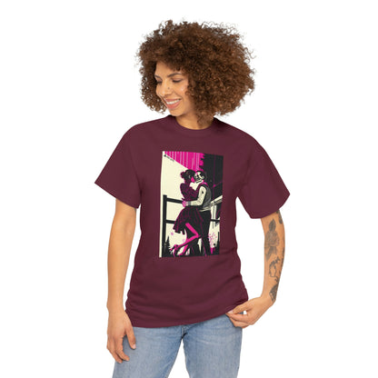 Woman wearing Deadly Romance maroon tee looking to the right with hand on left hip.