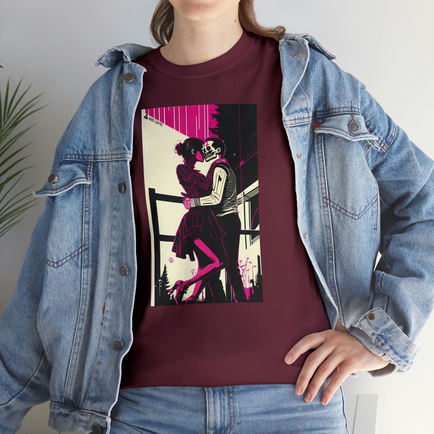 Woman wearing Deadly Romance design maroon tee with hand on hip.