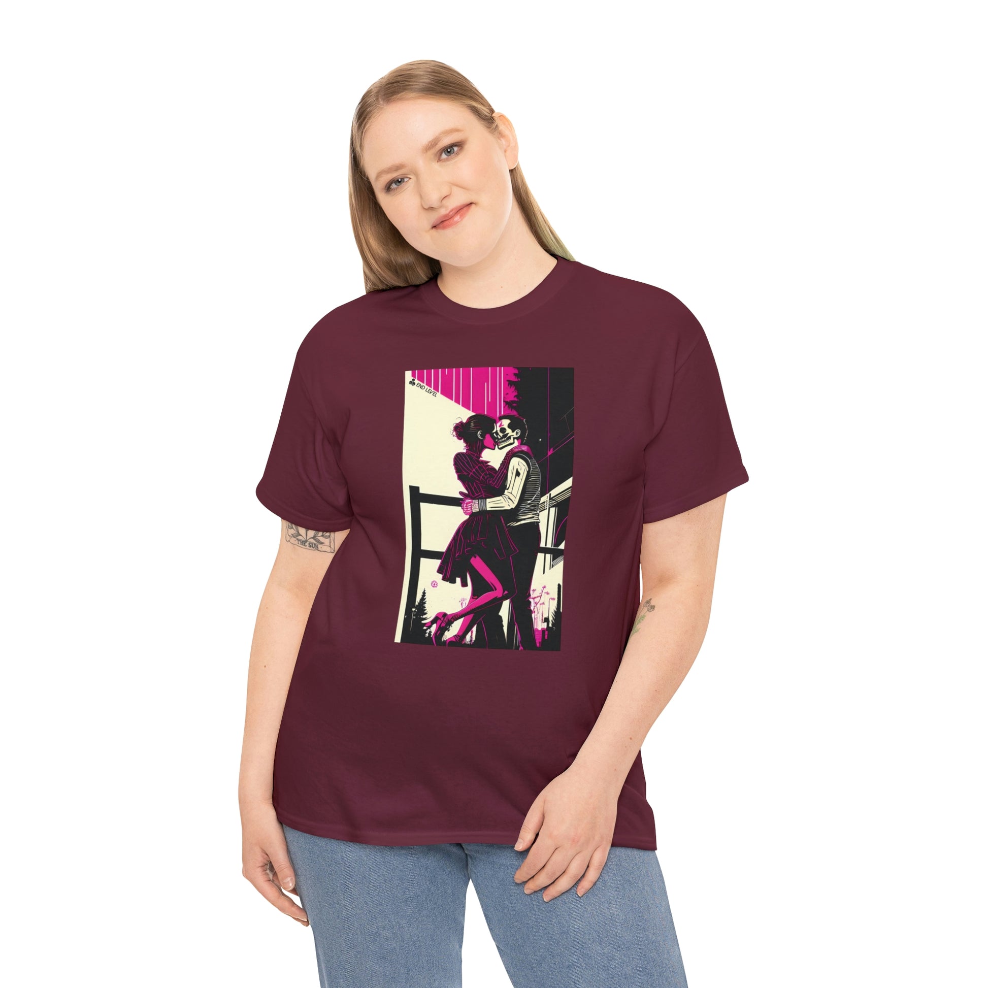 Woman wearing Deadly Romance maroon tee with hand on right side.