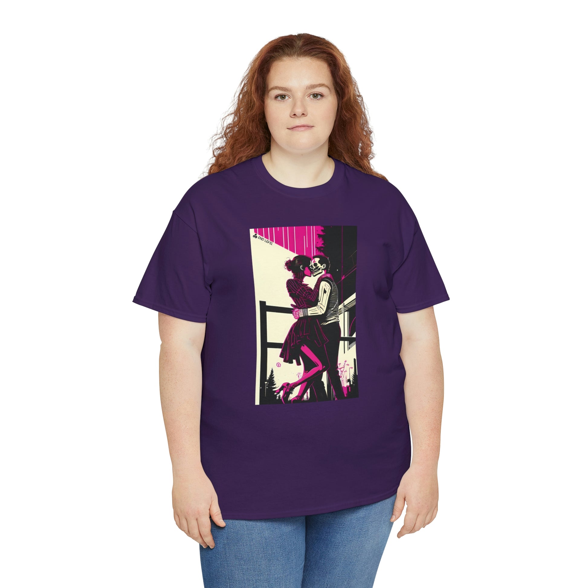 Woman wearing Deadly Romance purple tee with red hair.