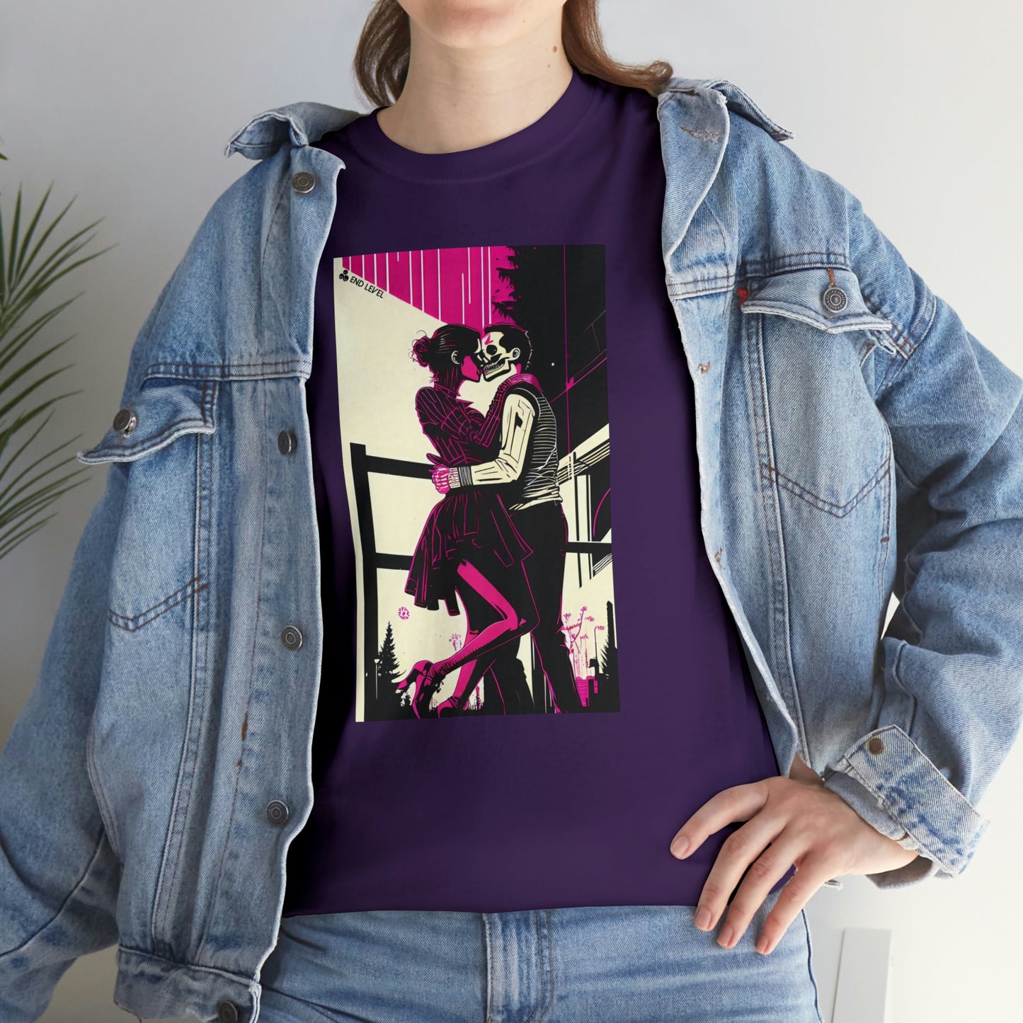 Woman wearing Deadly Romance design purple tee with hand on hip.