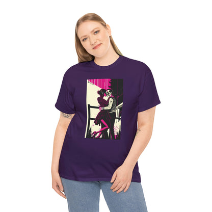 Woman wearing Deadly Romance purple tee with hand on right side.