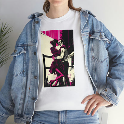 Woman wearing Deadly Romance design white tee with hand on hip.