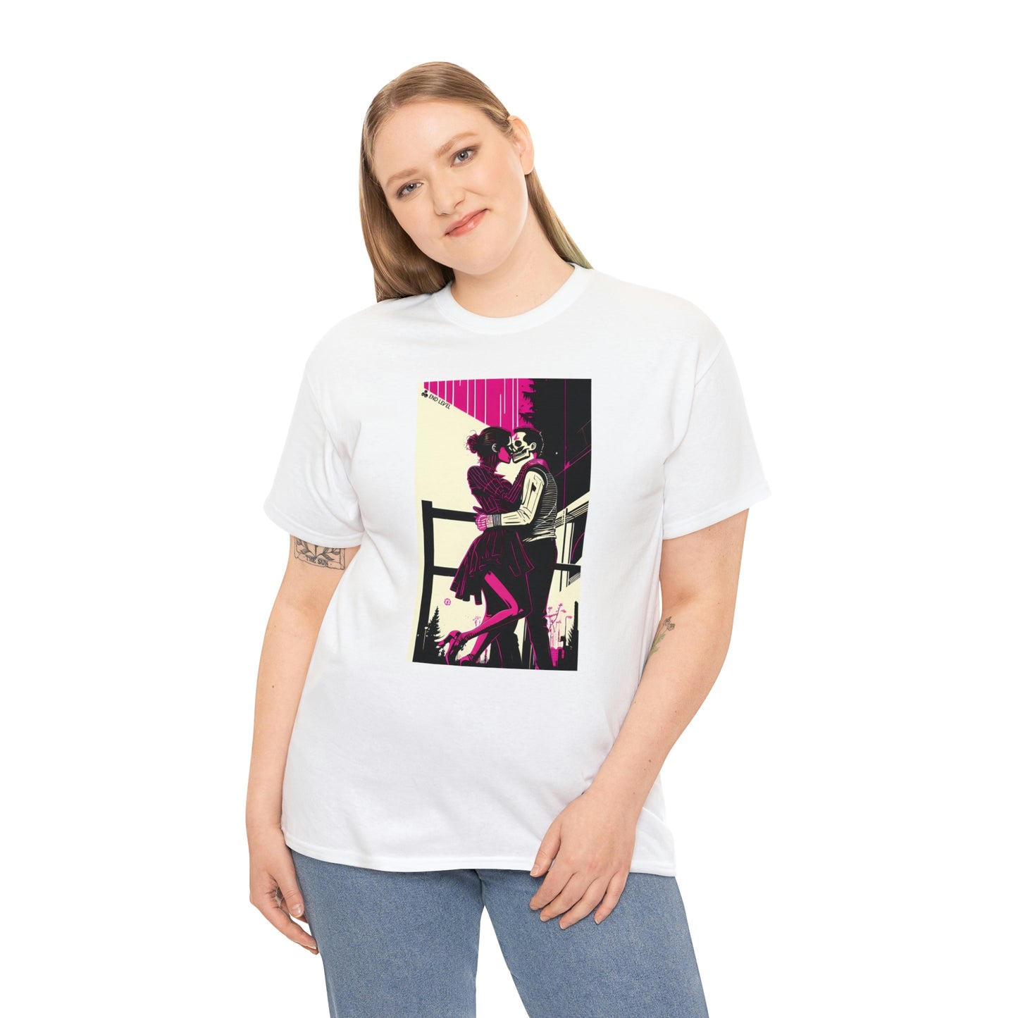 Woman wearing Deadly Romance white tee with hand on right side.