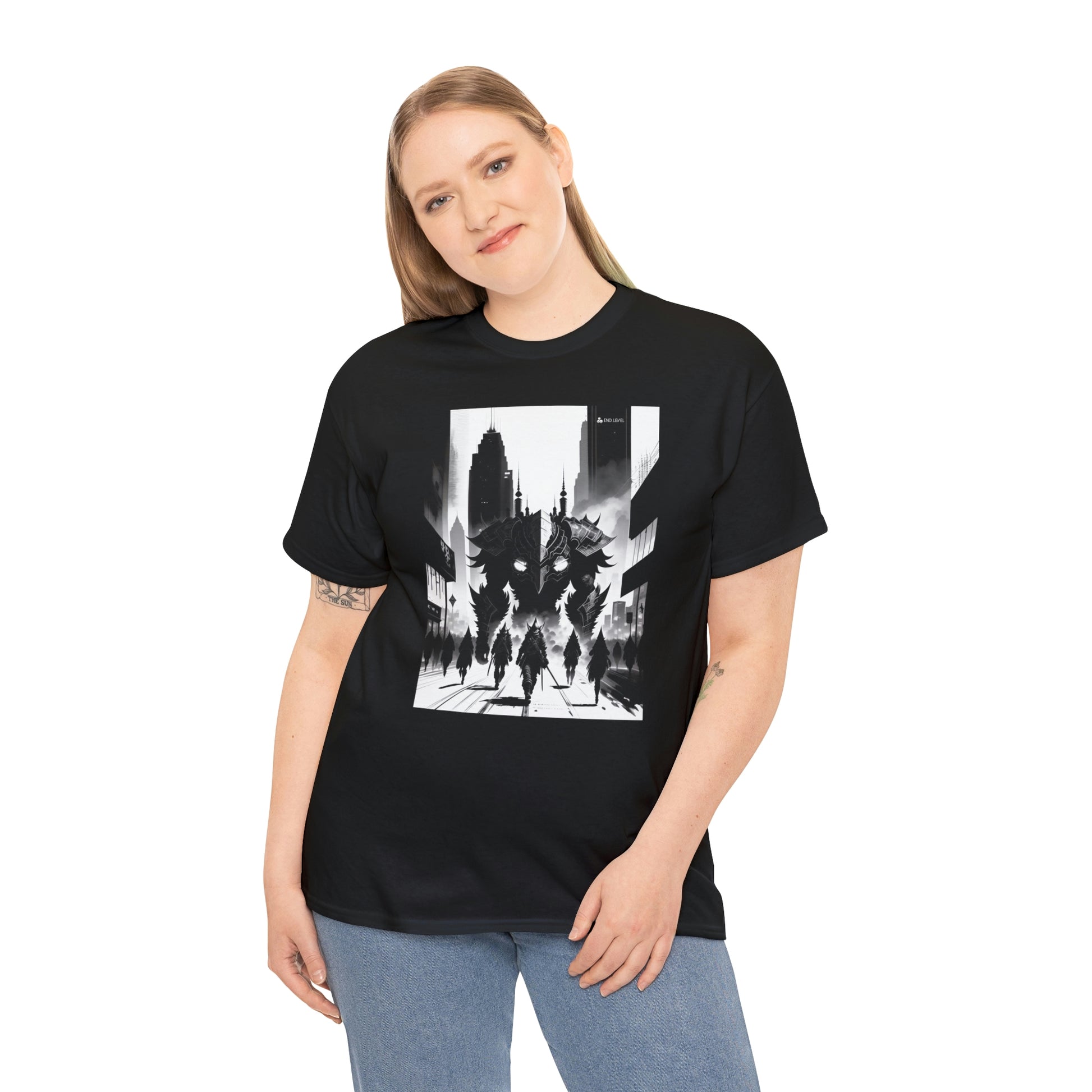 Woman wearing Invasion black tee with hand on right side.